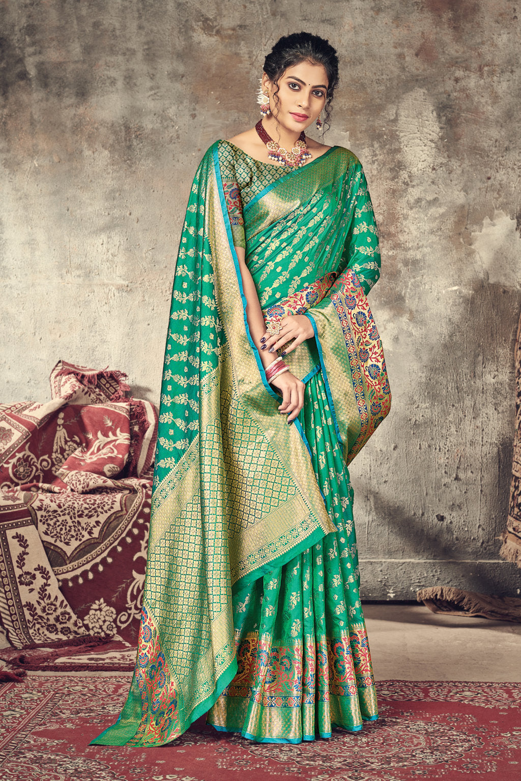 Women's Sangam Prints Dark Green Silk Woven Work Traditional saree - Sangam Prints
