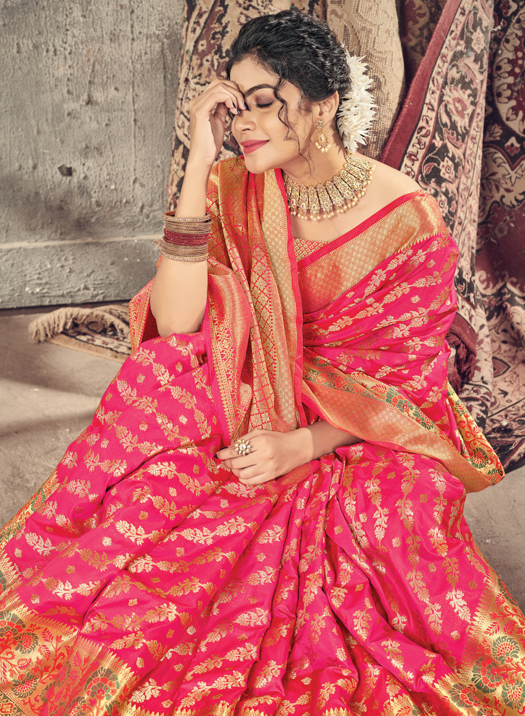Women's Sangam Prints Pink Silk Woven Work Traditional saree - Sangam Prints