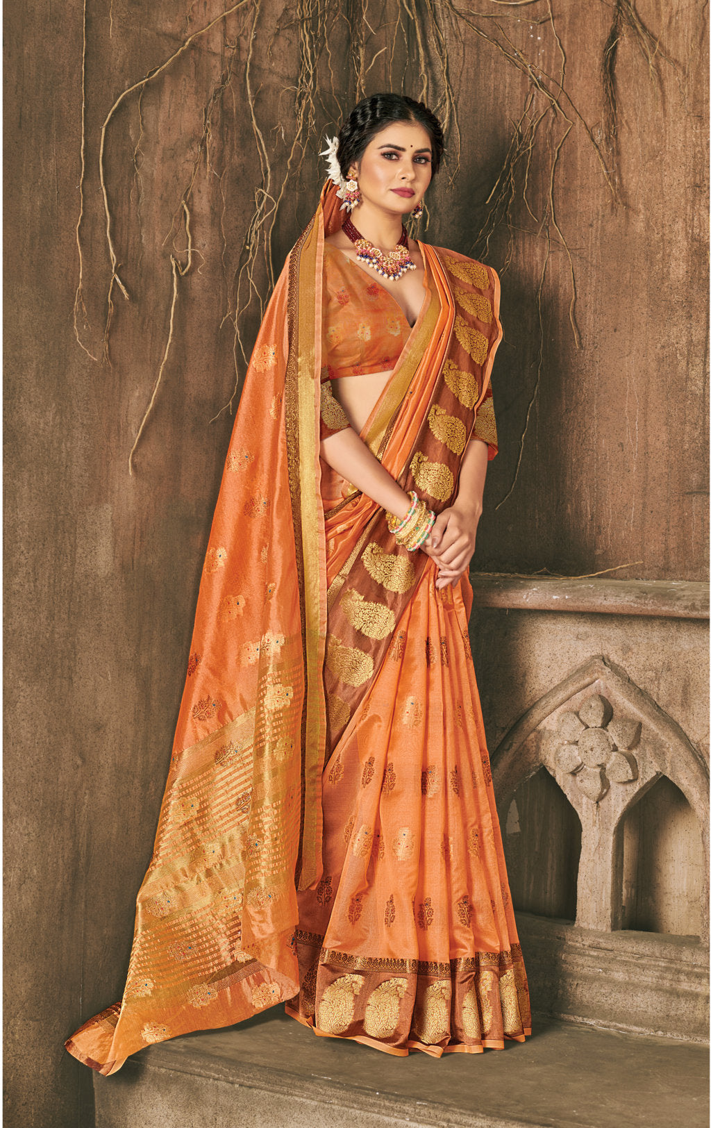 Women's Sangam Prints Orange Organza Woven Work Traditional saree - Sangam Prints