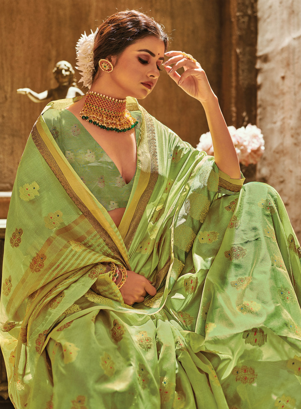 Women's Sangam Prints Light Green Organza Woven Work Traditional saree - Sangam Prints