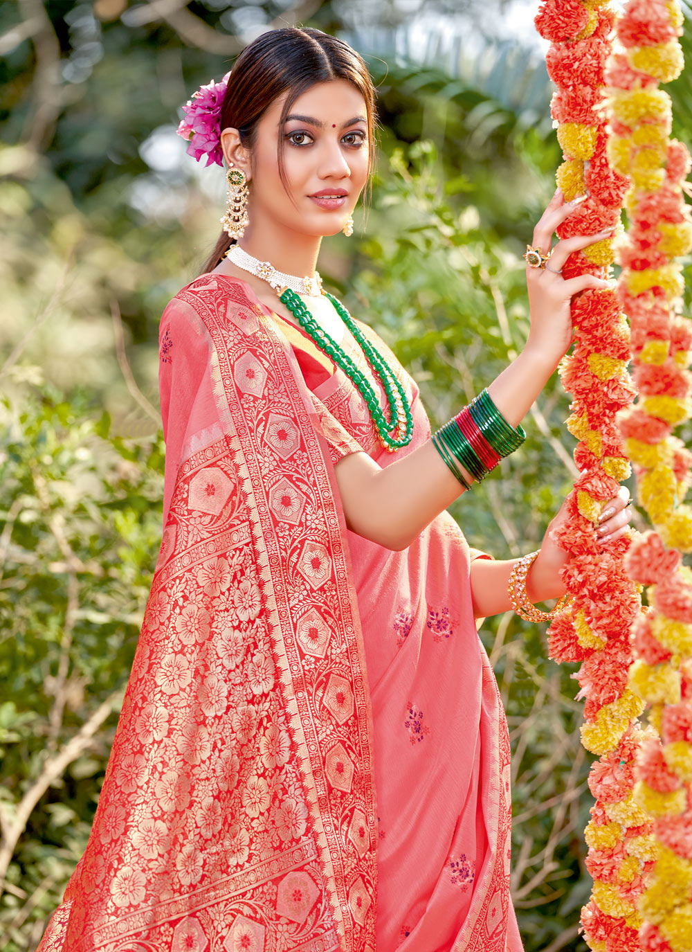 Women's Light Pink Cotton Woven Work Traditional Saree - Sangam Prints