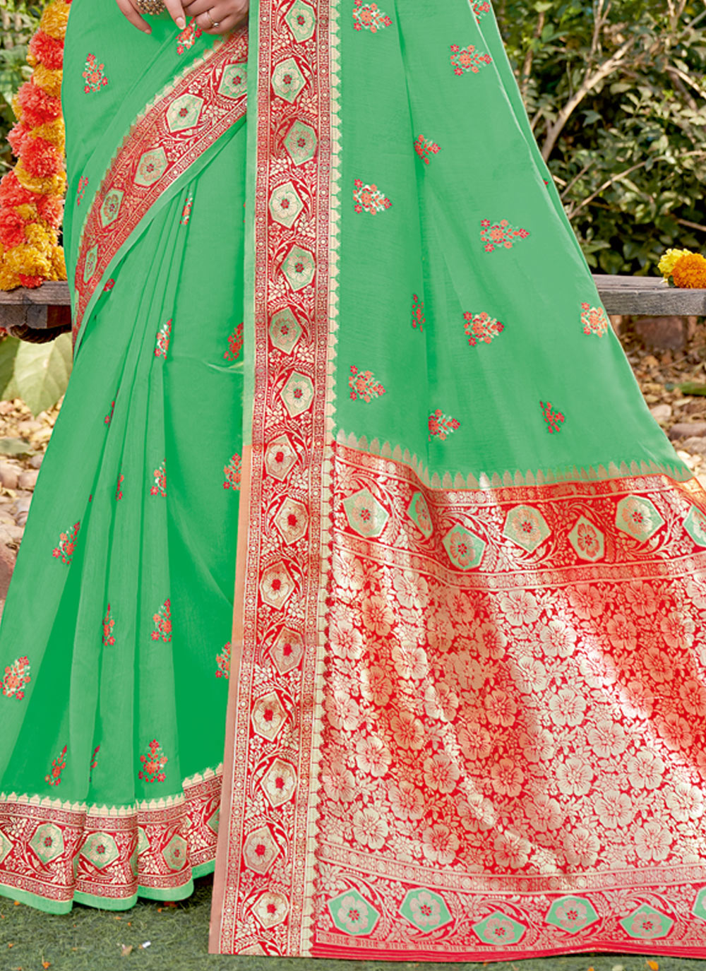 Women's Sea Green Cotton Woven Work Traditional Saree - Sangam Prints