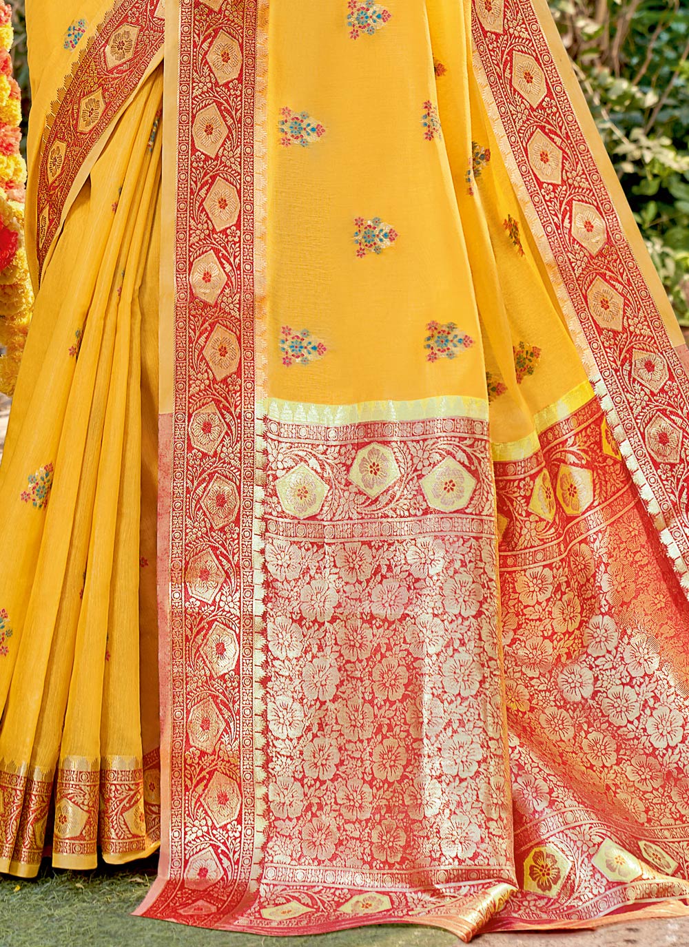 Women's Mustard Cotton Woven Work Traditional Saree - Sangam Prints