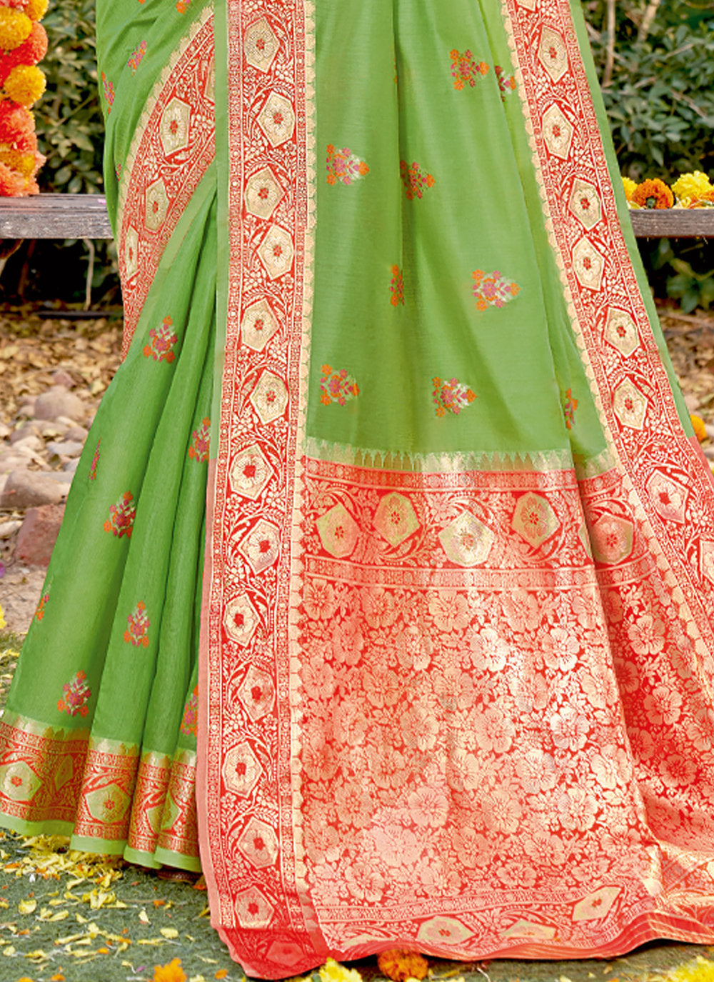 Women's Light Green Cotton Woven Work Traditional Saree - Sangam Prints