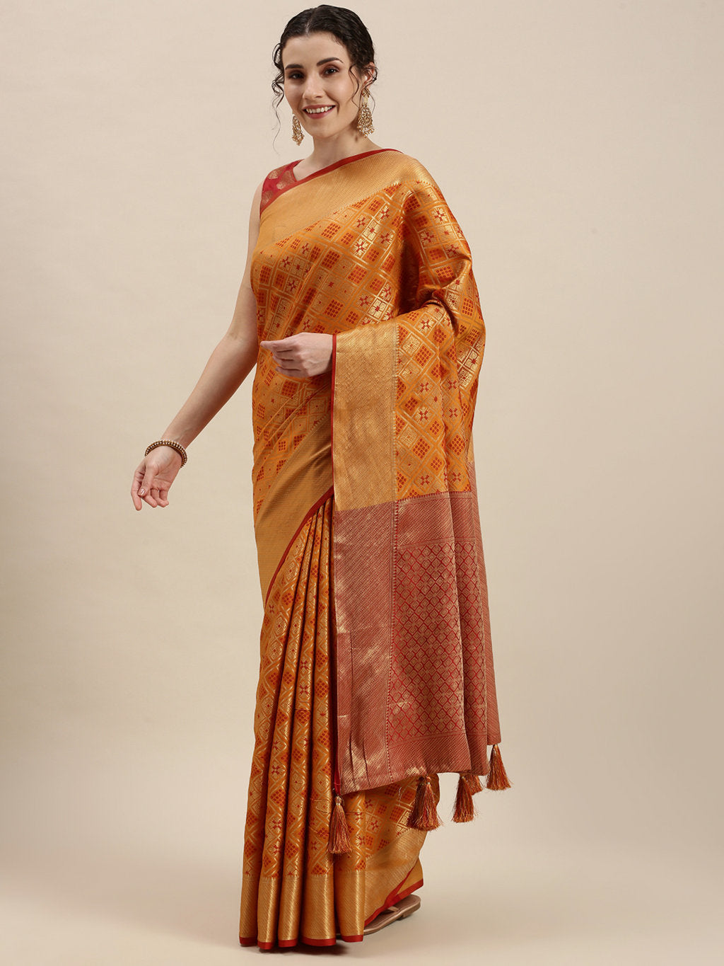 Women's Mustard Patola Silk Woven Work Traditional Tassle Saree - Sangam Prints