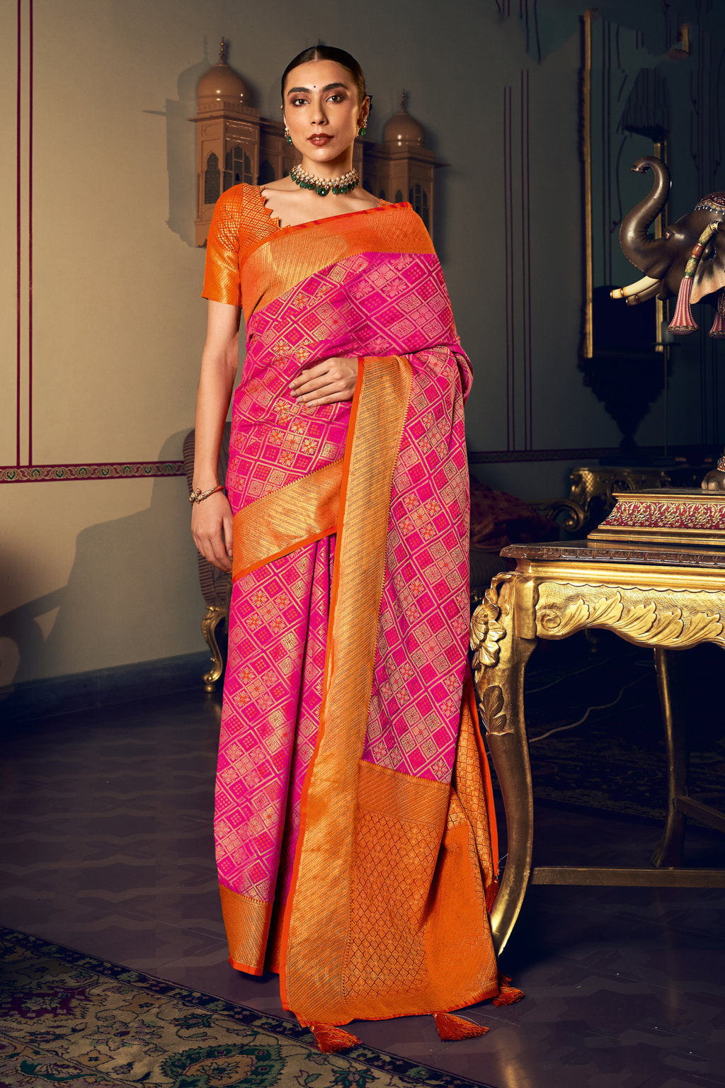 Women's Sangam Prints Pink Patola Silk Woven Work Traditional Tassle saree - Sangam Prints