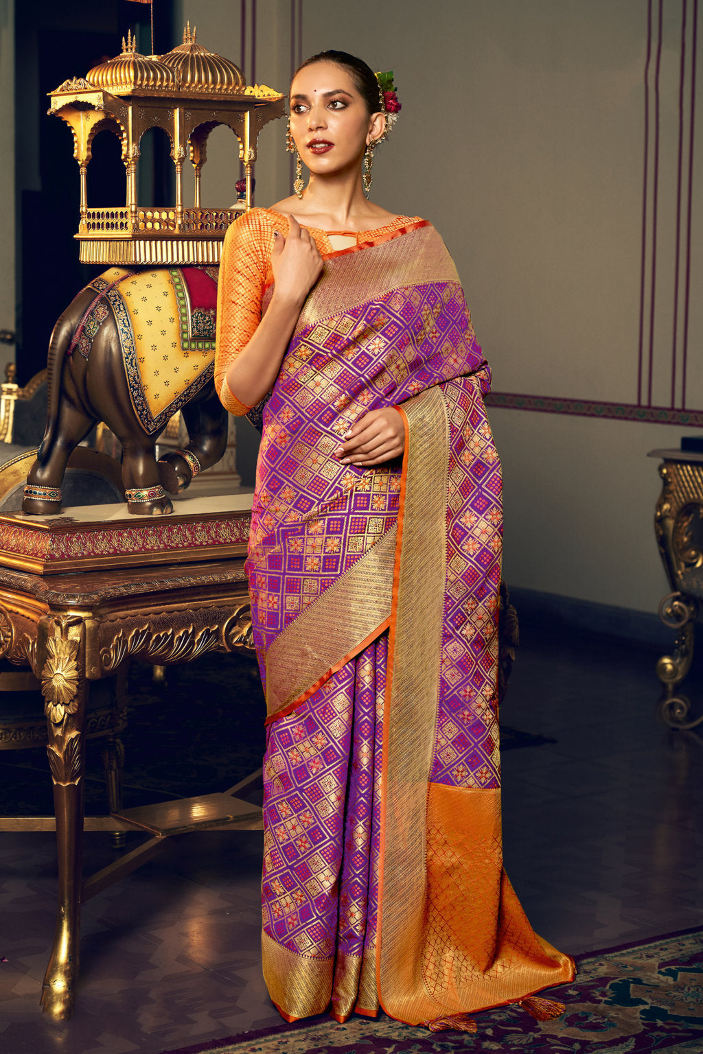 Women's Sangam Prints Purple Patola Silk Woven Work Traditional Tassle saree - Sangam Prints