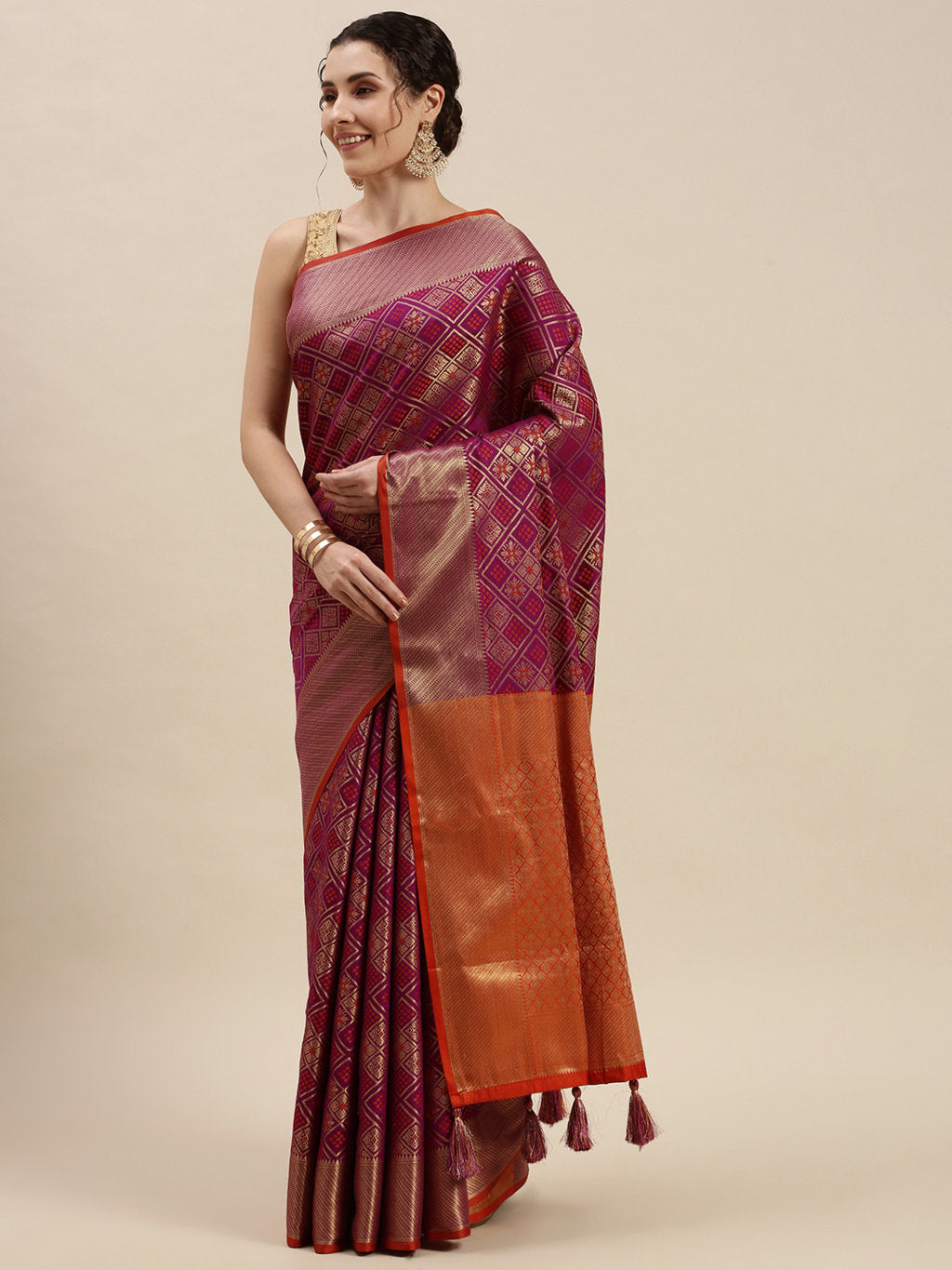 Women's Purple Patola Silk Woven Work Traditional Tassle Saree - Sangam Prints
