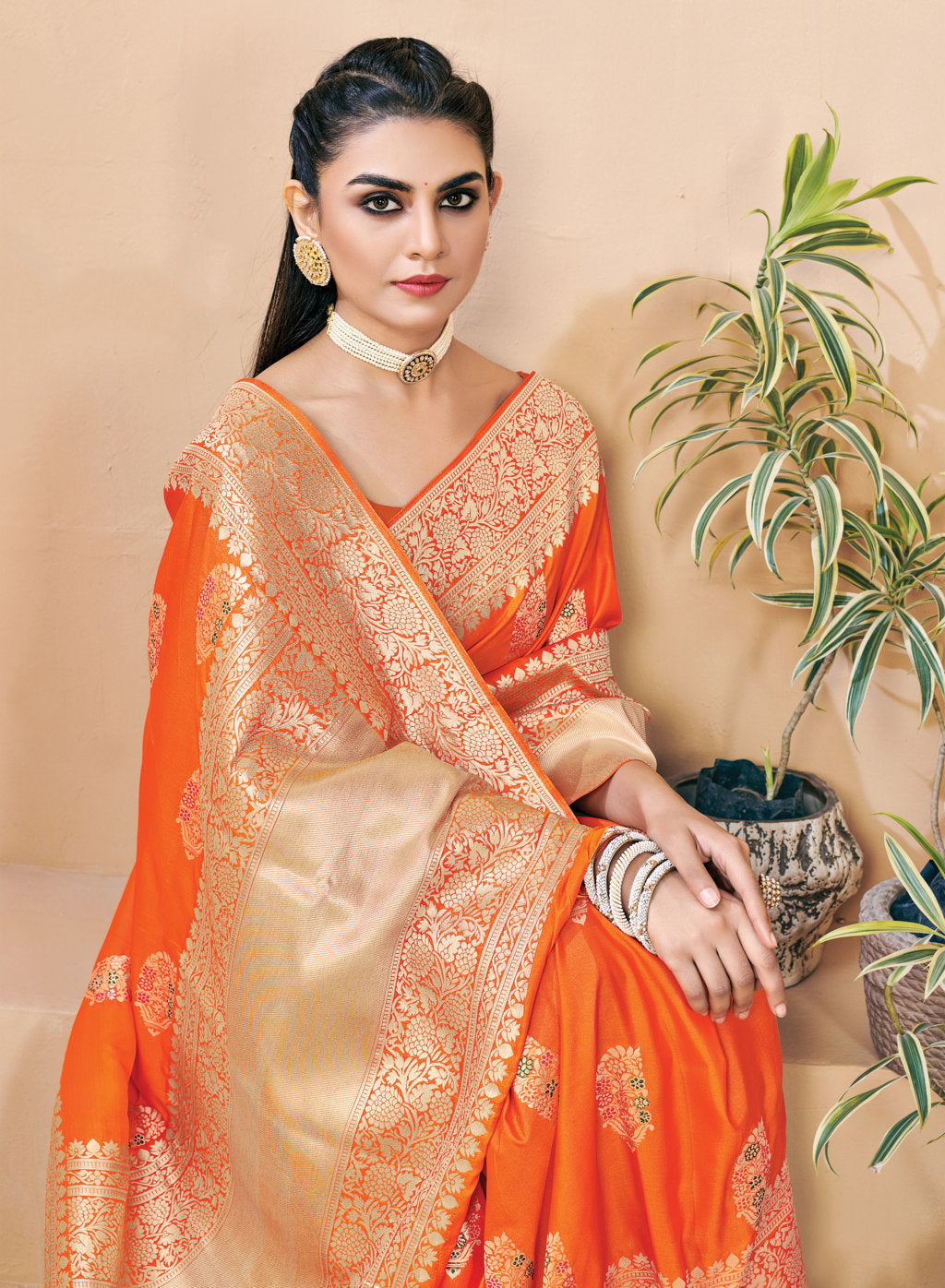 Women's Sangam Prints Orange Banarasi Silk Woven Zari Work Traditional saree - Sangam Prints