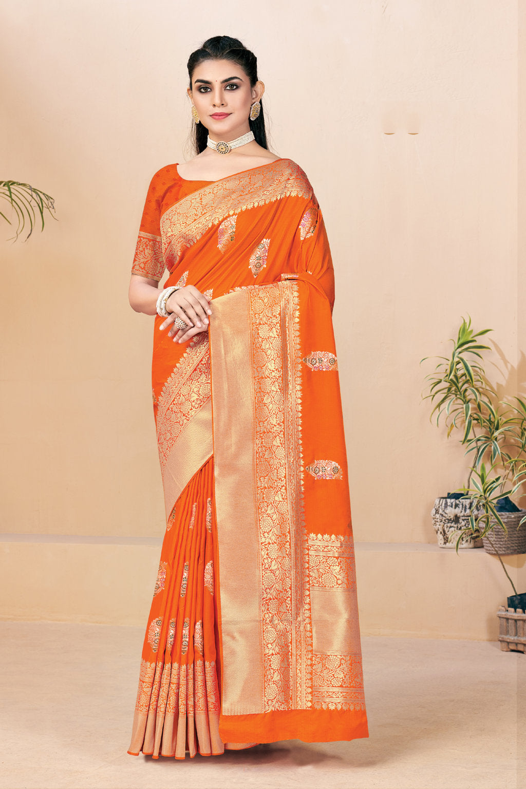 Women's Sangam Prints Orange Banarasi Silk Woven Zari Work Traditional saree - Sangam Prints