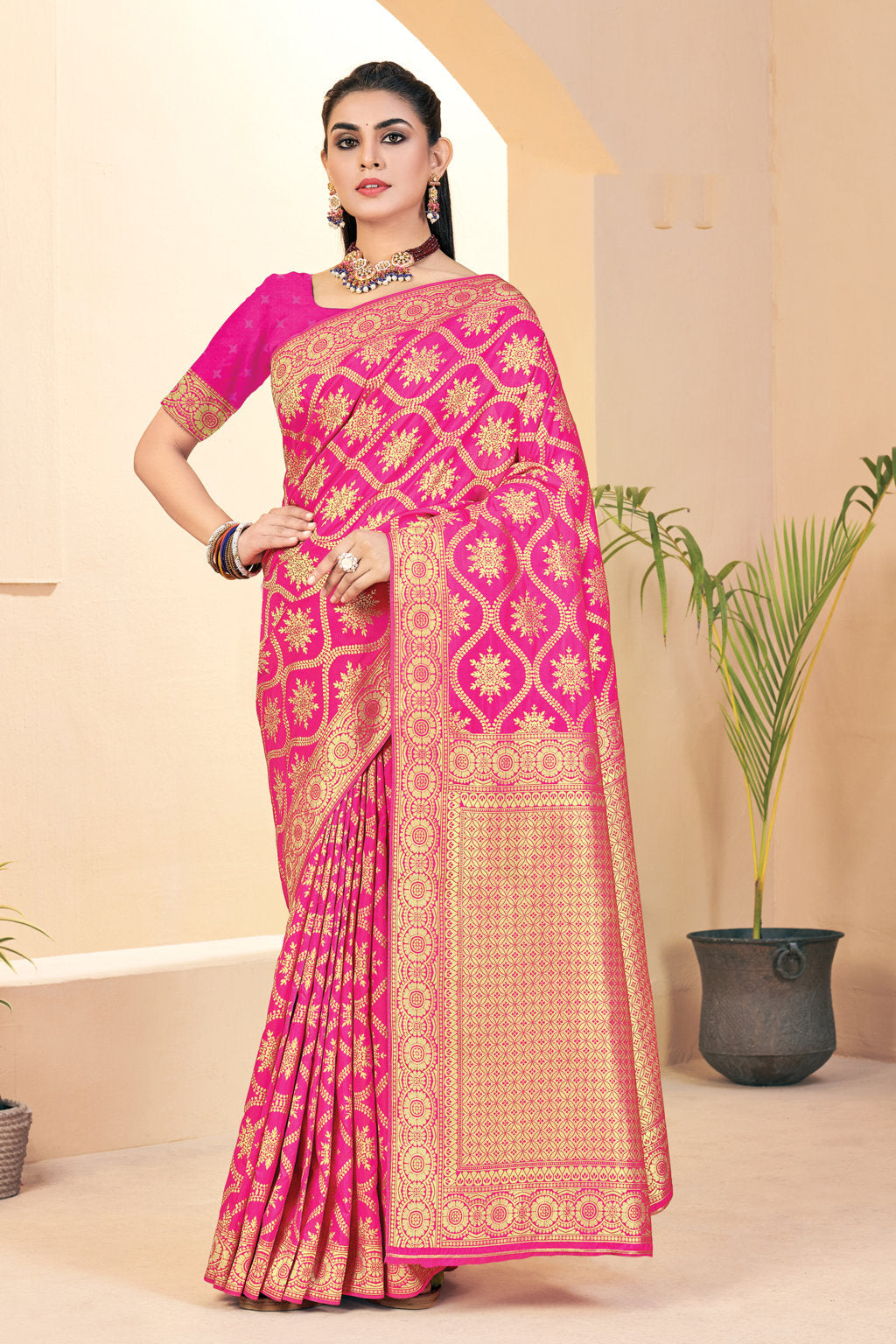 Women's Sangam Prints Pink Banarasi Silk Woven Zari Work Traditional saree - Sangam Prints