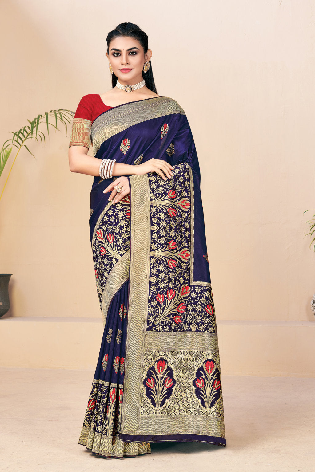 Women's Sangam Prints Navy Blue Banarasi Silk Woven Zari Work Traditional saree - Sangam Prints