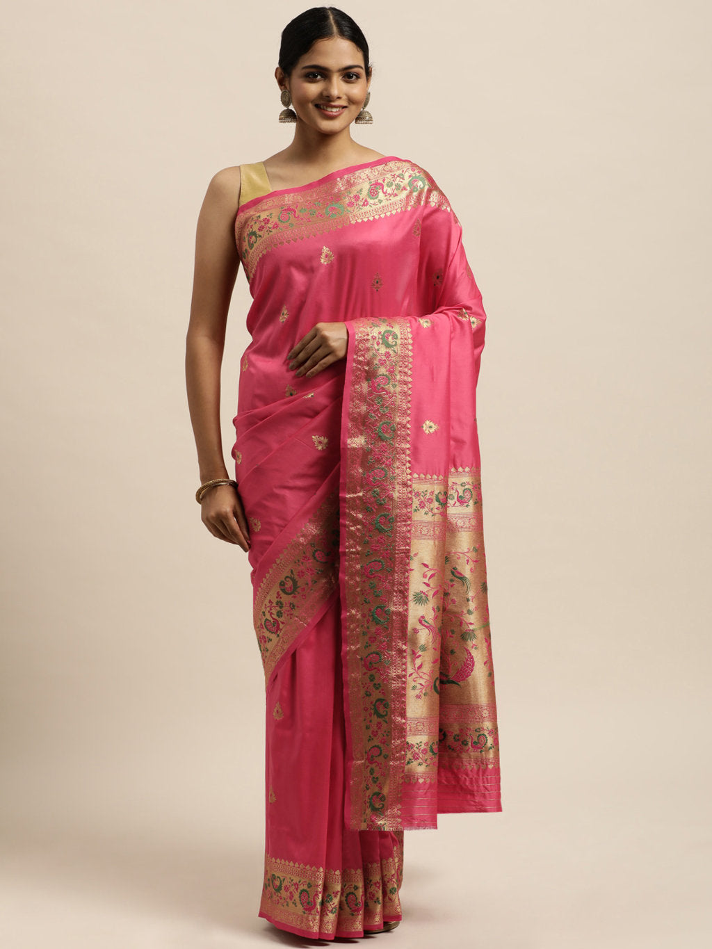 Women's Peach Silk Woven Work Traditional Saree - Sangam Prints