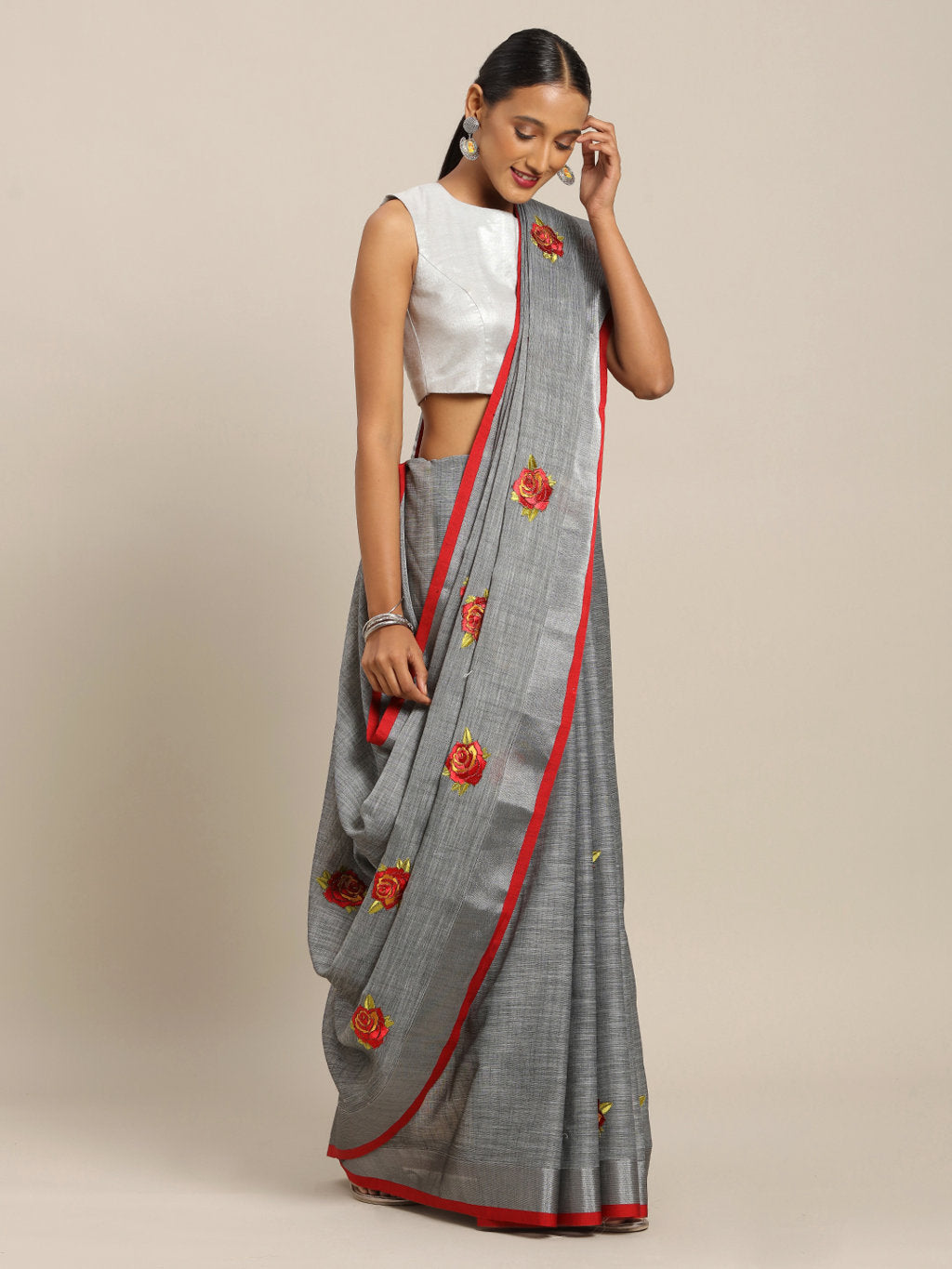 Women's Grey Linen Cotton Embroidery Traditional Saree - Sangam Prints