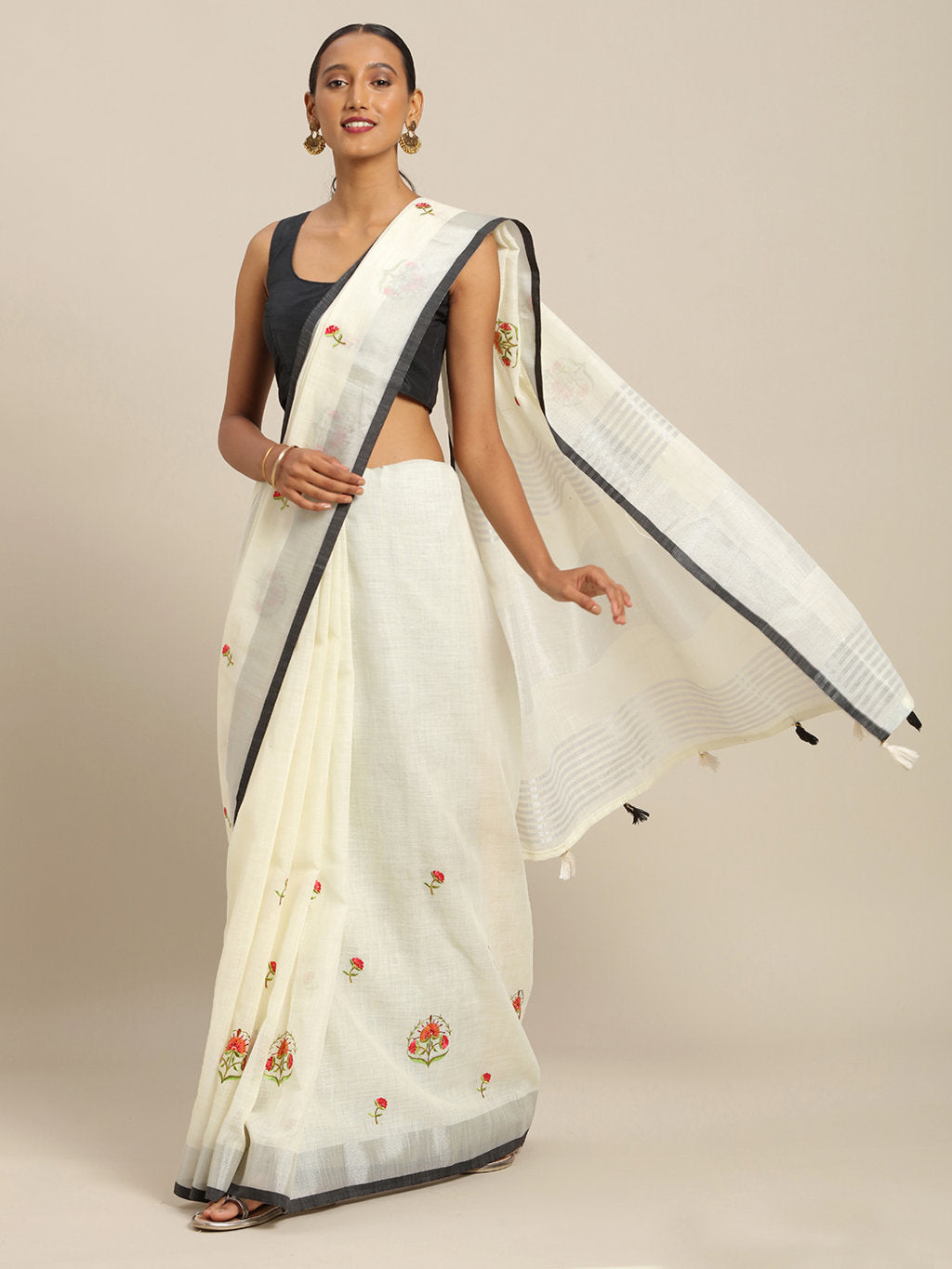Women's Off White Linen Cotton Embroidery Traditional Saree - Sangam Prints