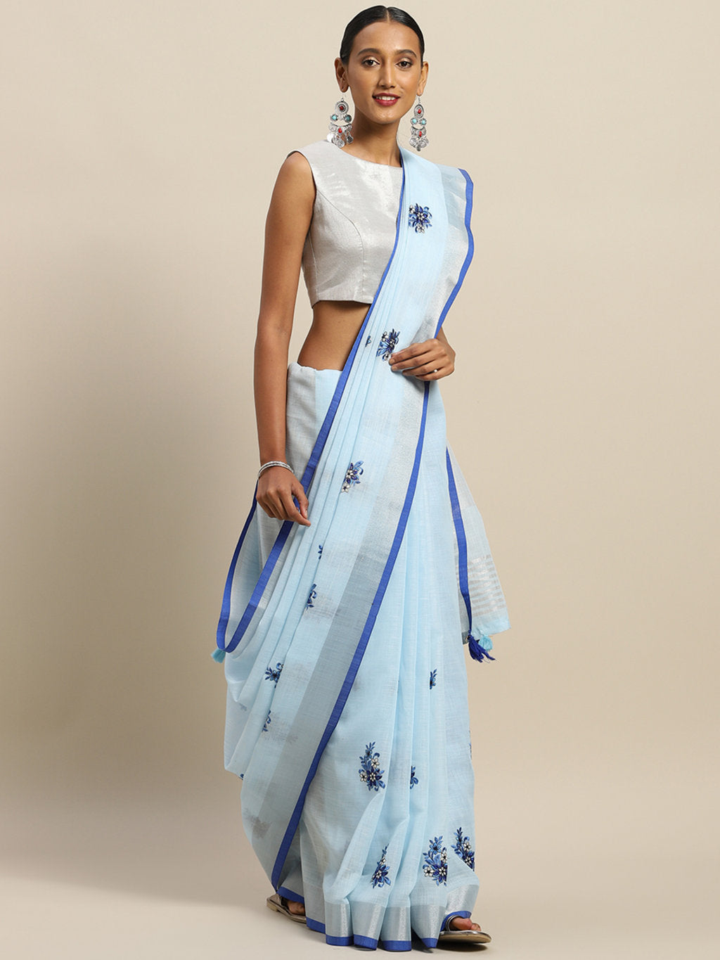 Women's Sky Blue Linen Cotton Embroidery Traditional Saree - Sangam Prints