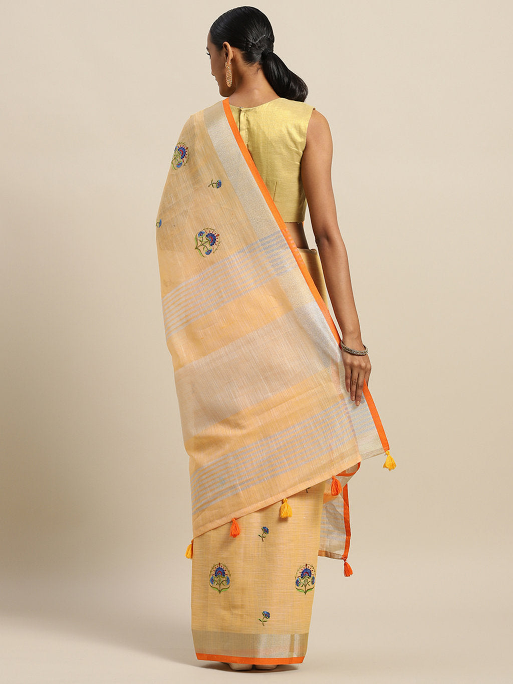 Women's Orange Linen Cotton Embroidery Traditional Saree - Sangam Prints