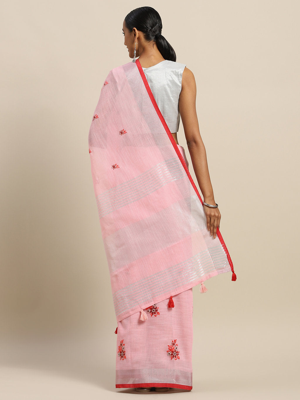 Women's Pink Linen Cotton Embroidery Traditional Saree - Sangam Prints