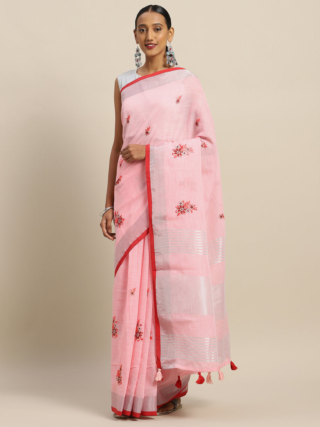 Women's Pink Linen Cotton Embroidery Traditional Saree - Sangam Prints