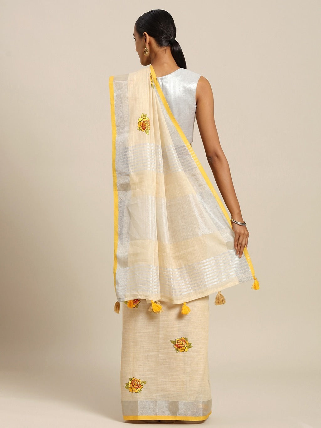 Women's Cream Linen Cotton Embroidery Traditional Saree - Sangam Prints