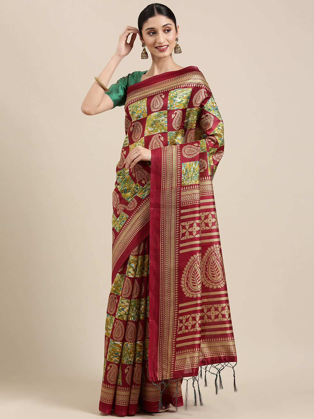 Women's Red & Green Art Silk Printed Casual Saree - Sangam Prints
