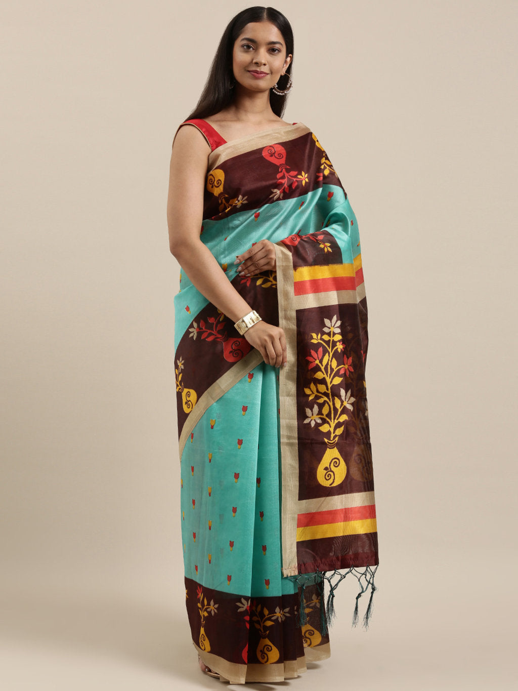 Women's Turquoise Art Silk Printed Traditional Tassle Saree - Sangam Prints