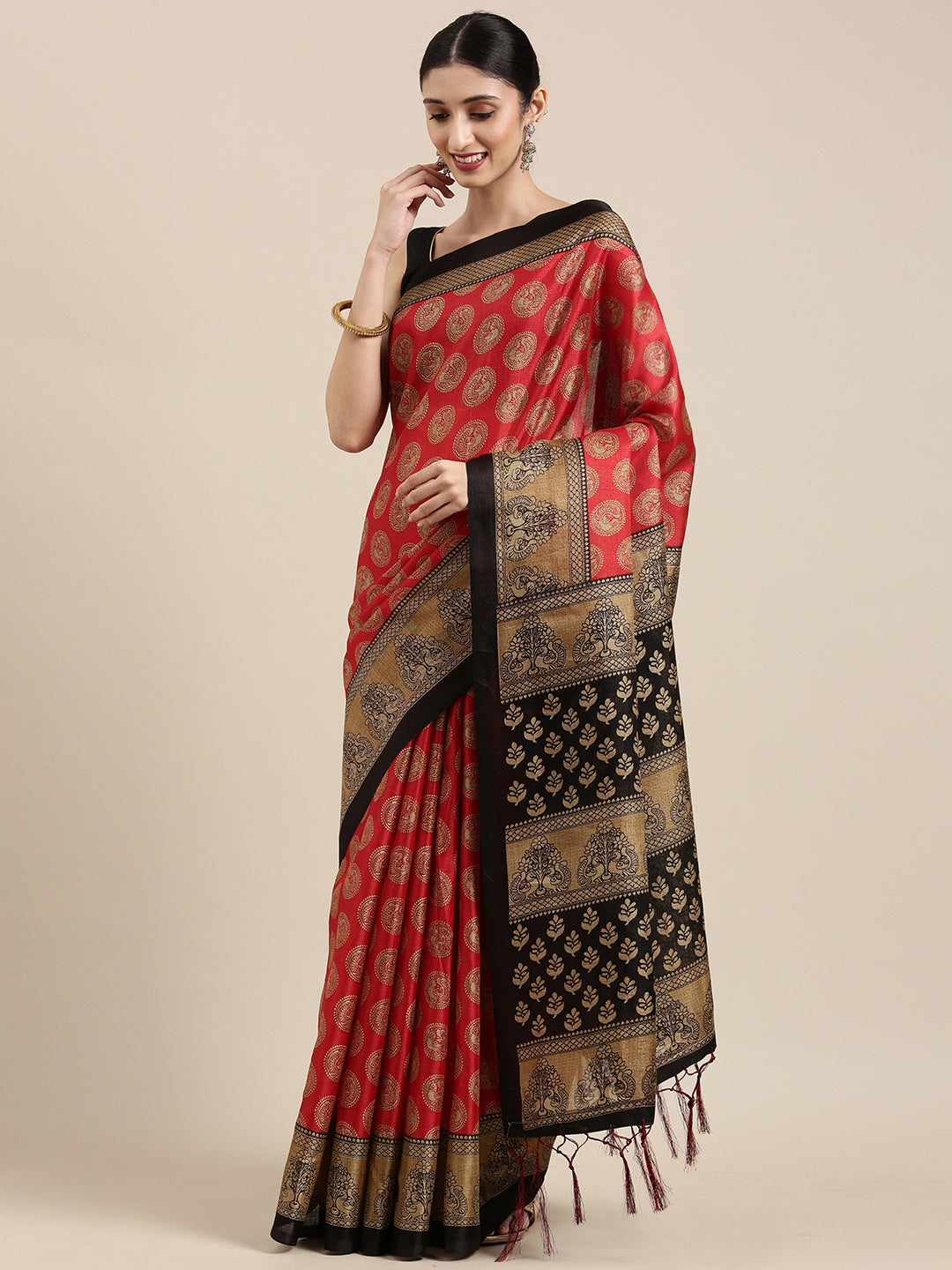 Women's Red & Black Art Silk Printed Casual Saree - Sangam Prints