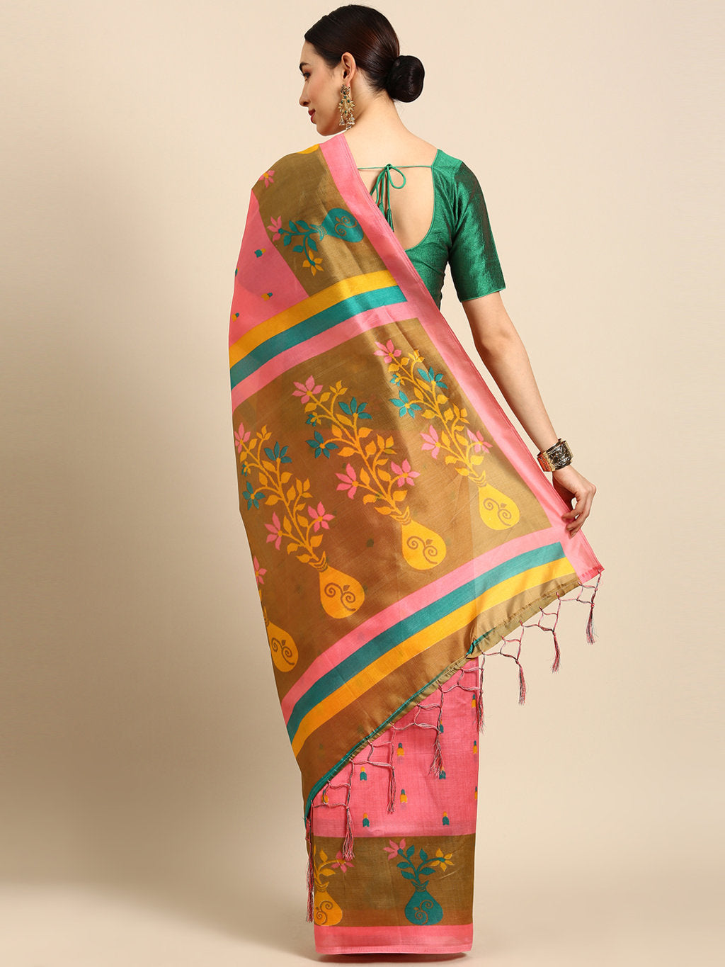 Women's Pink & Turquiose Art Silk Printed Casual Saree - Sangam Prints