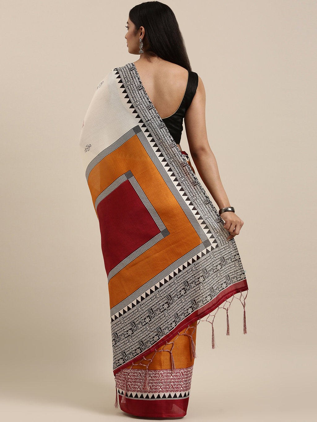 Women's White Art Silk Printed Traditional Tassle Saree - Sangam Prints