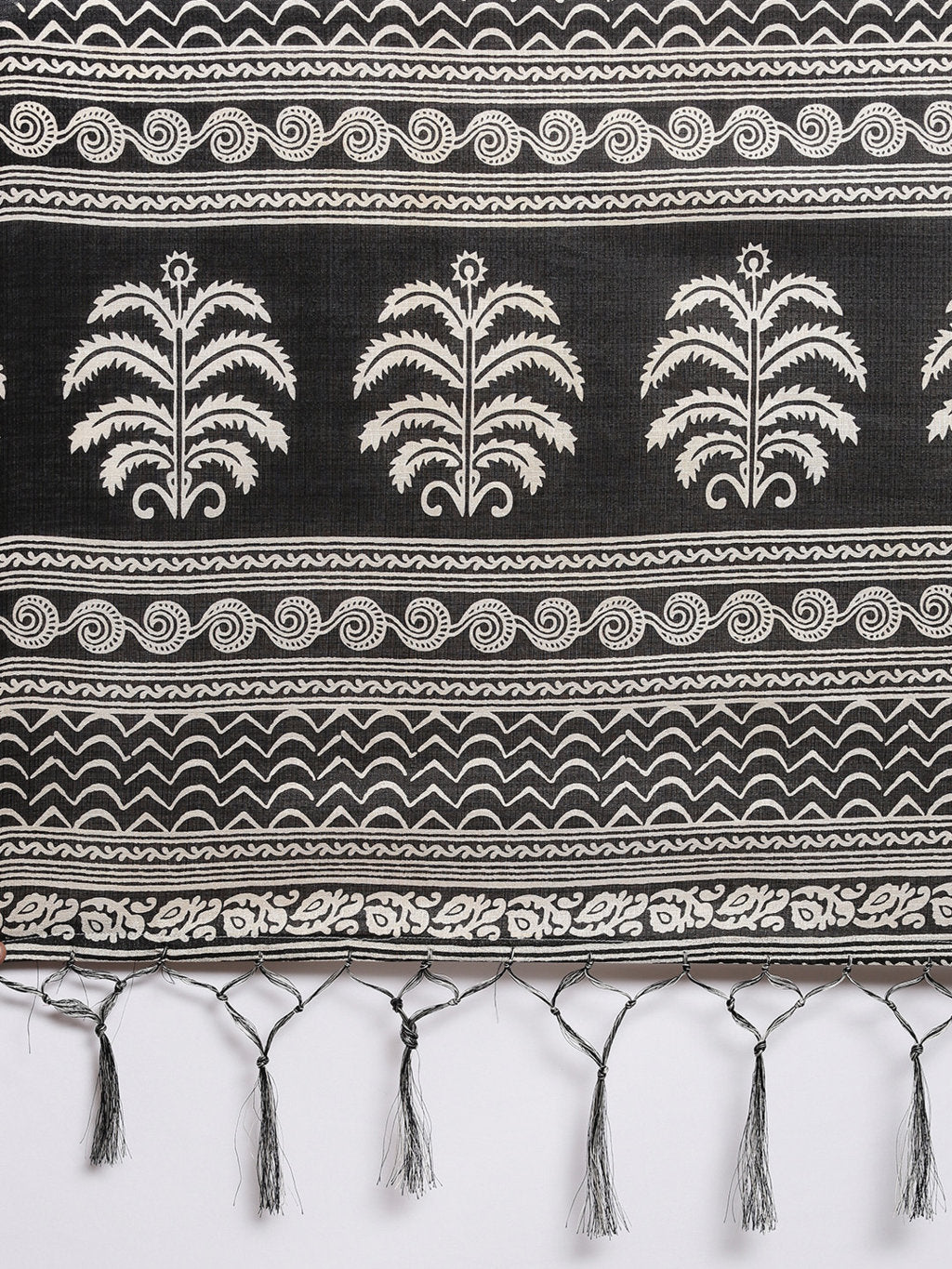 Women's Black Art Silk Printed Traditional Tassle Saree - Sangam Prints