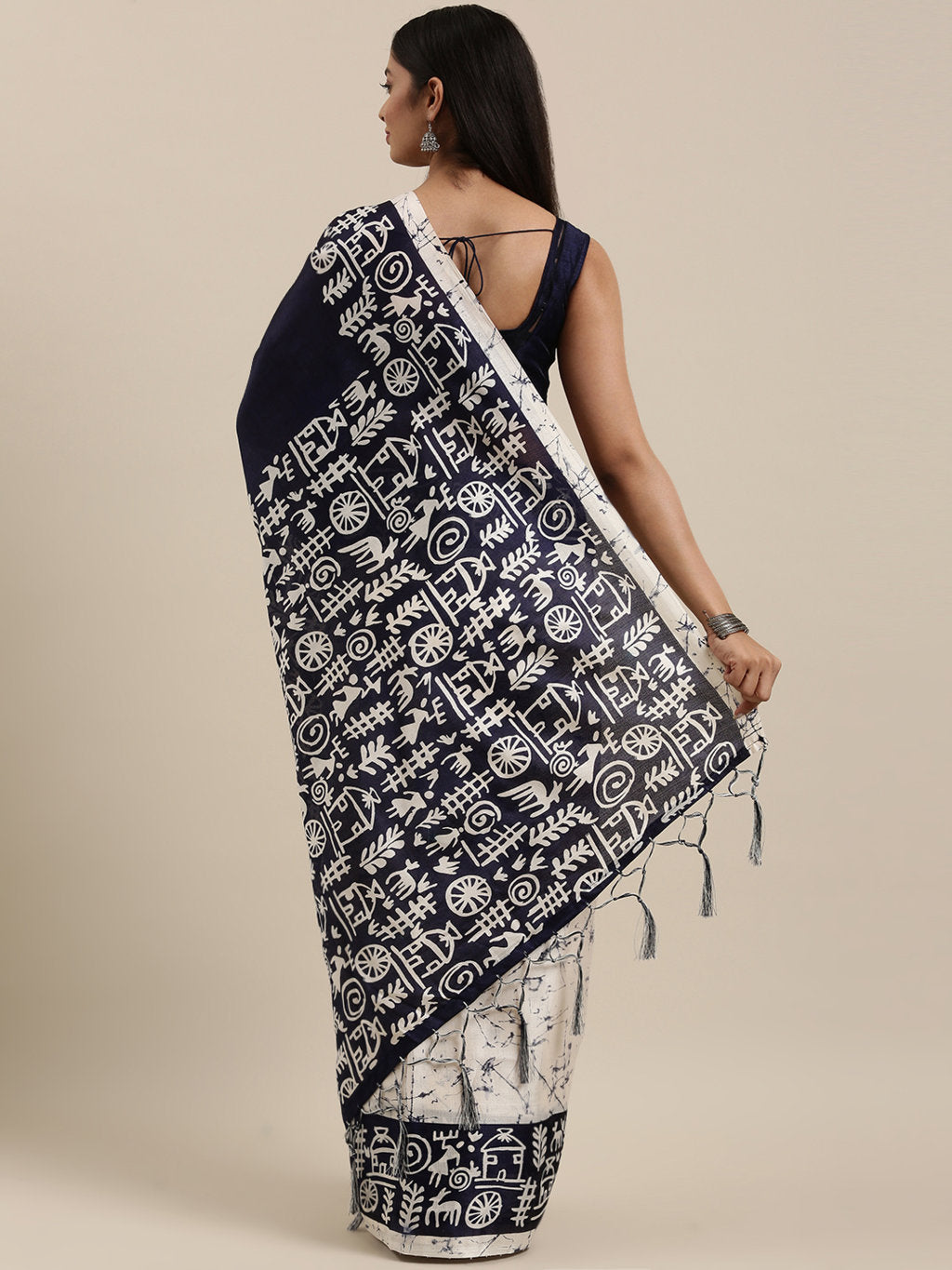 Women's Navy Blue Art Silk Printed Traditional Tassle Saree - Sangam Prints