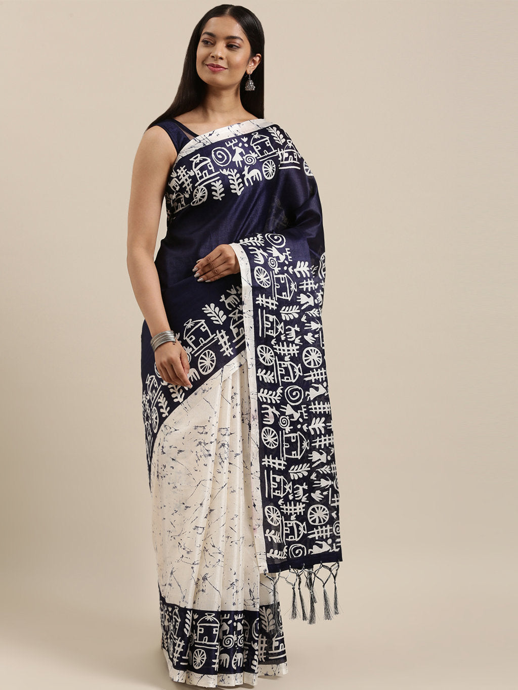Women's Navy Blue Art Silk Printed Traditional Tassle Saree - Sangam Prints