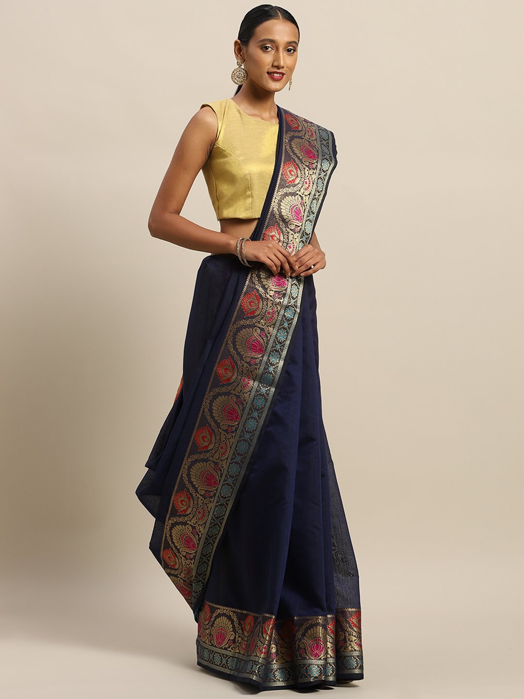Women's Prints Navy Blue Handloom Silk Thread Work Traditional Saree - Sangam Prints