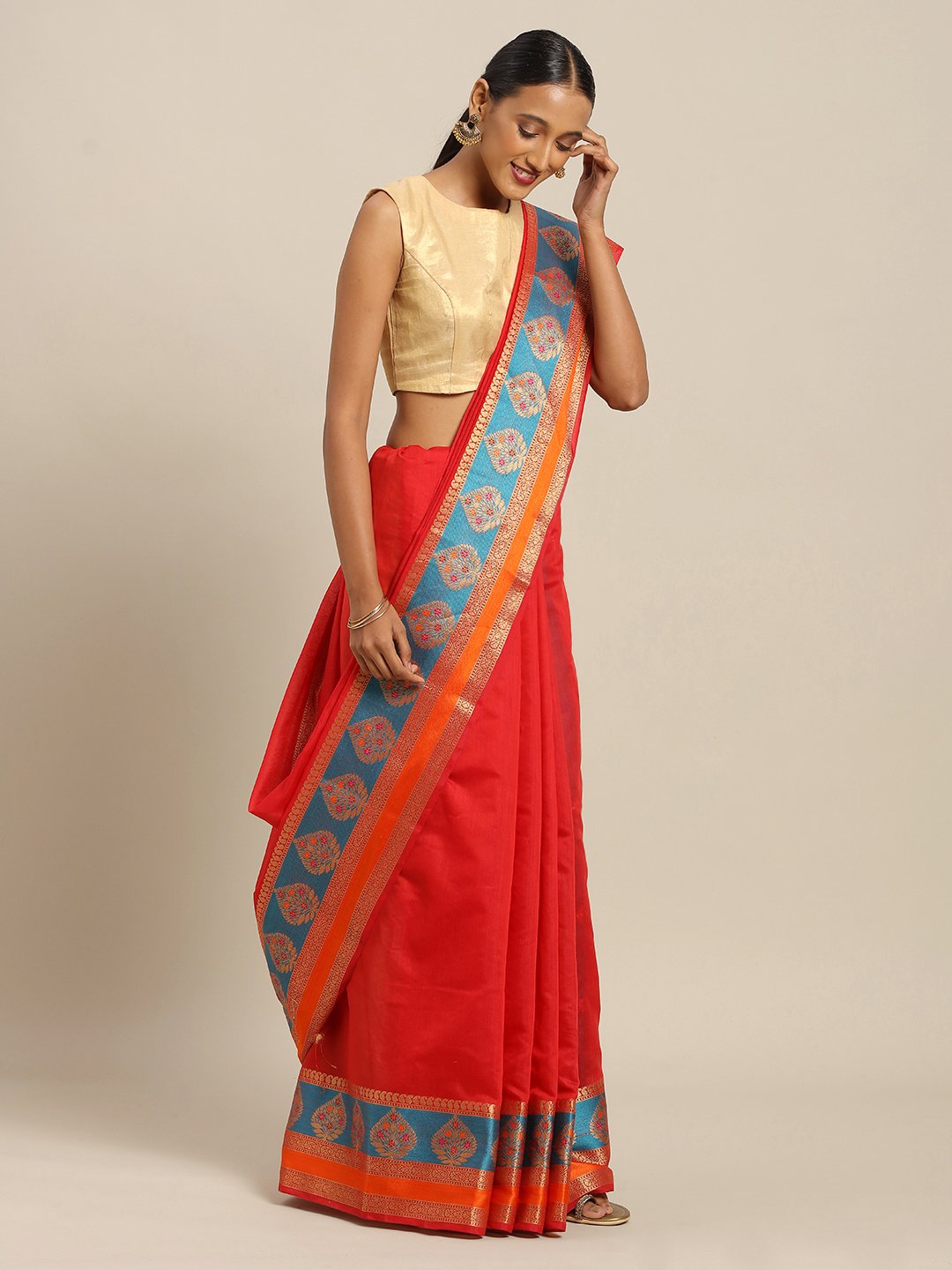 Women's Prints Red Handloom Silk Thread Work Traditional Saree - Sangam Prints