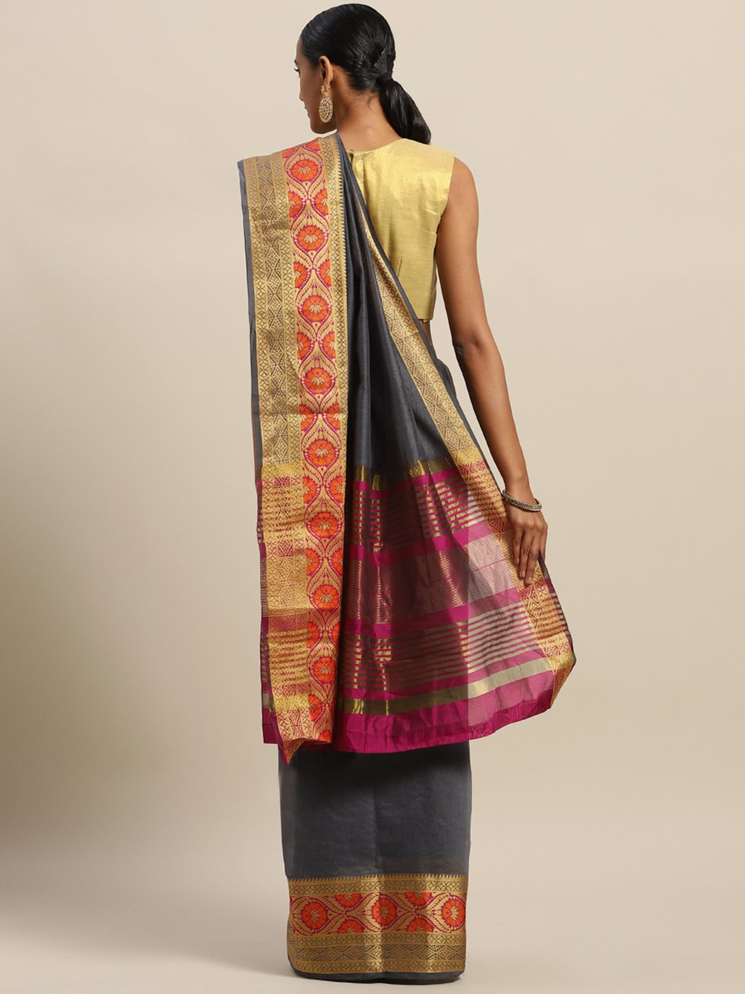 Women's Prints Grey Handloom Silk Thread Work Traditional Saree - Sangam Prints