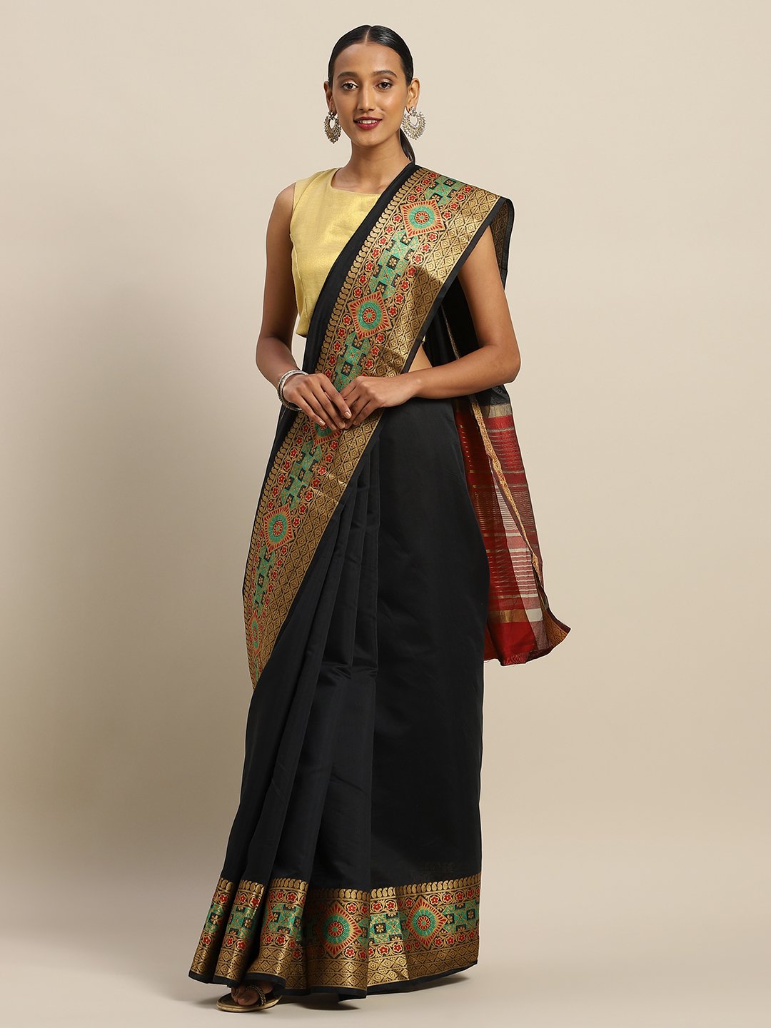 Women's Prints Black Handloom Silk Thread Work Traditional Saree - Sangam Prints