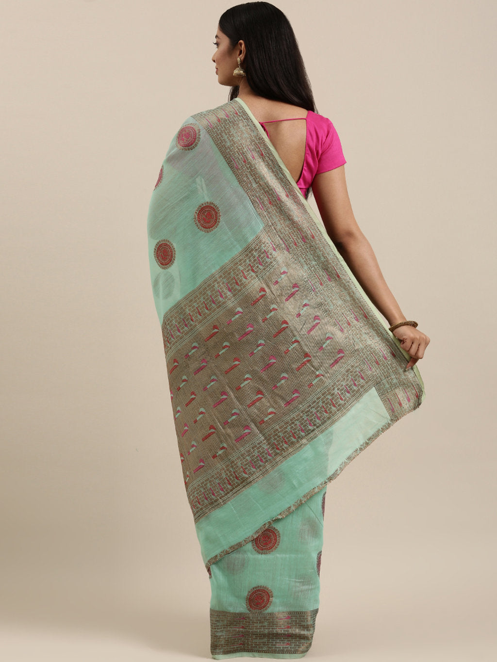 Women's Sea Green Cotton Handloom Woven Work Traditional Saree - Sangam Prints