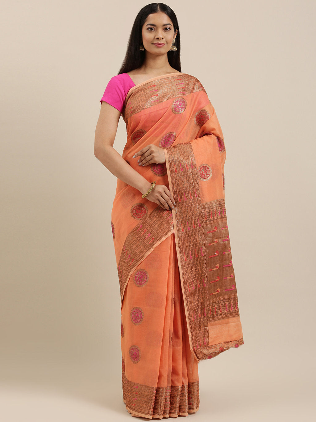 Women's Peach Cotton Handloom Woven Work Traditional Saree - Sangam Prints