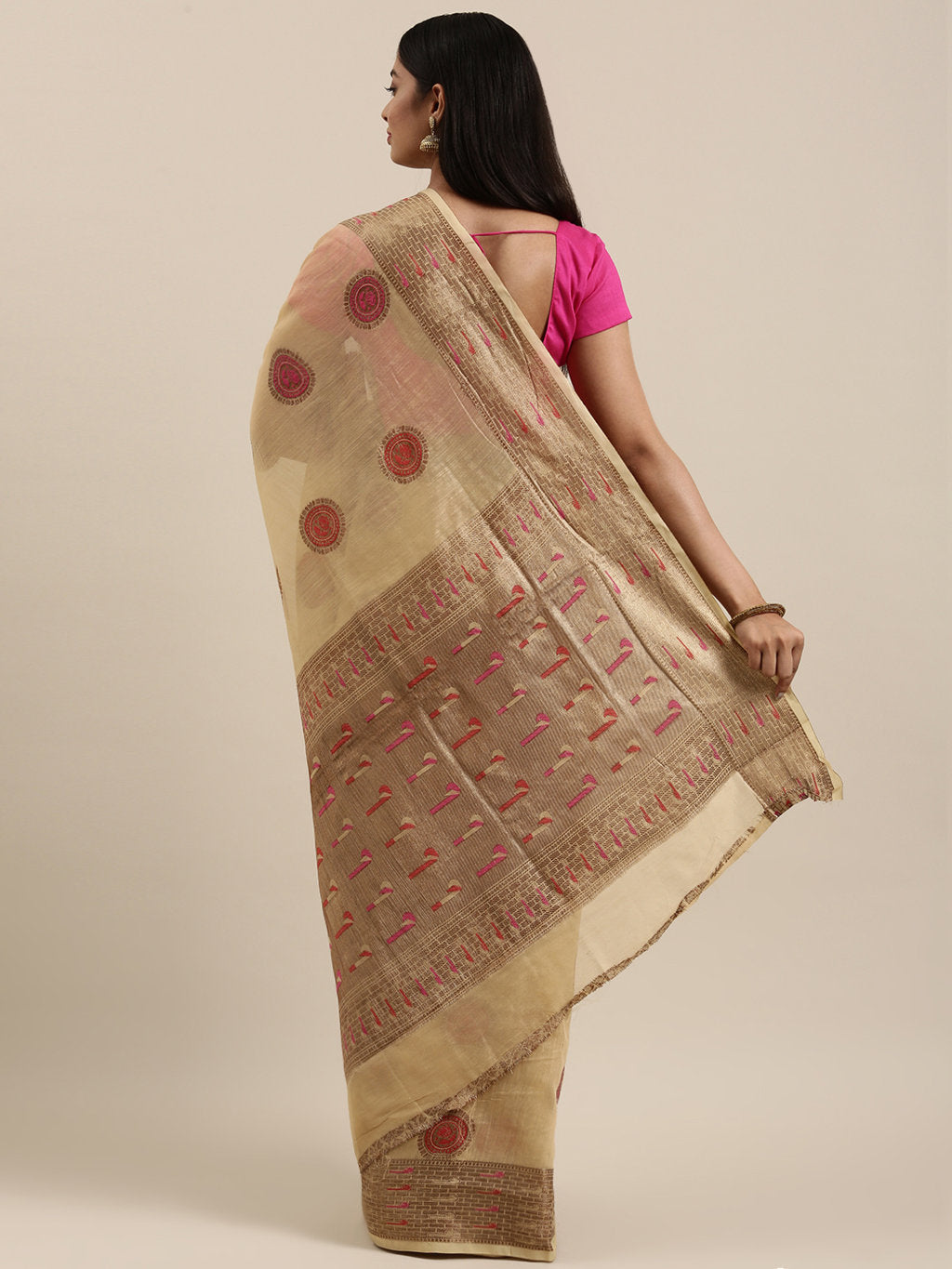 Women's Cream Cotton Handloom Woven Work Traditional Saree - Sangam Prints