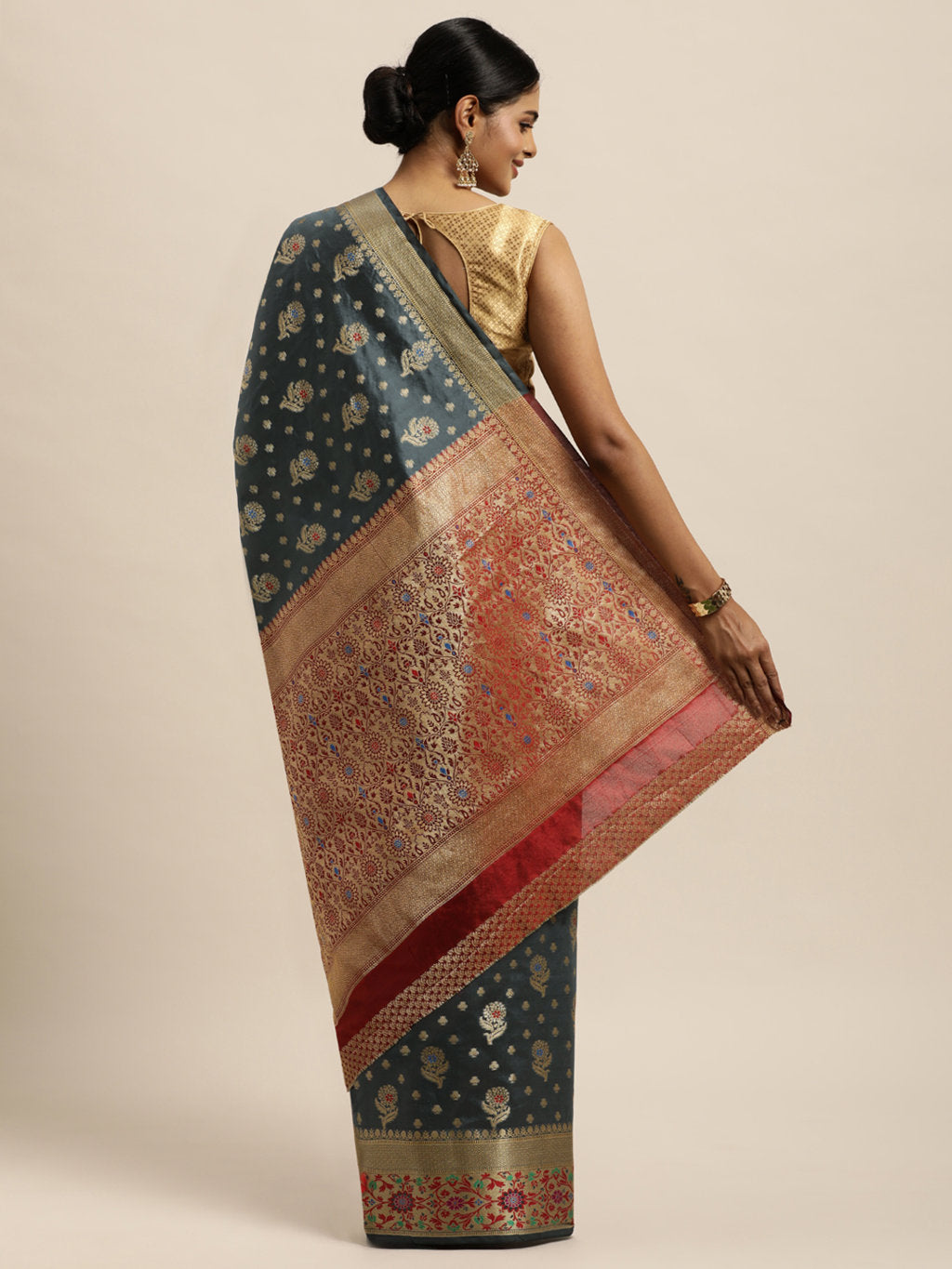 Women's Grey Silk Woven Work Traditional Saree - Sangam Prints