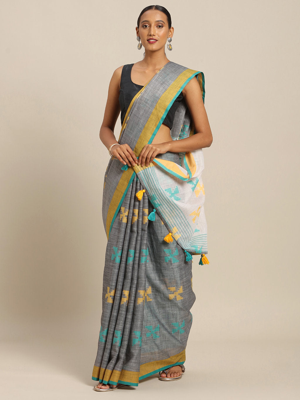 Women's Grey Linen Cotton Thread Work Traditional Saree - Sangam Prints