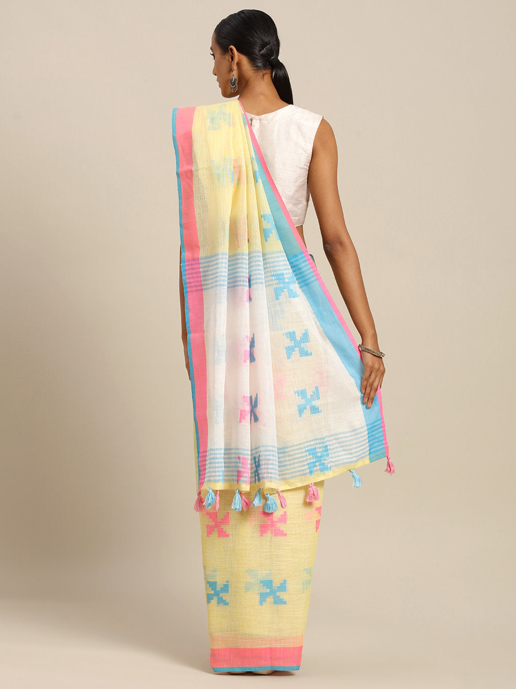 Women's Light Yellow Linen Cotton Thread Work Traditional Saree - Sangam Prints