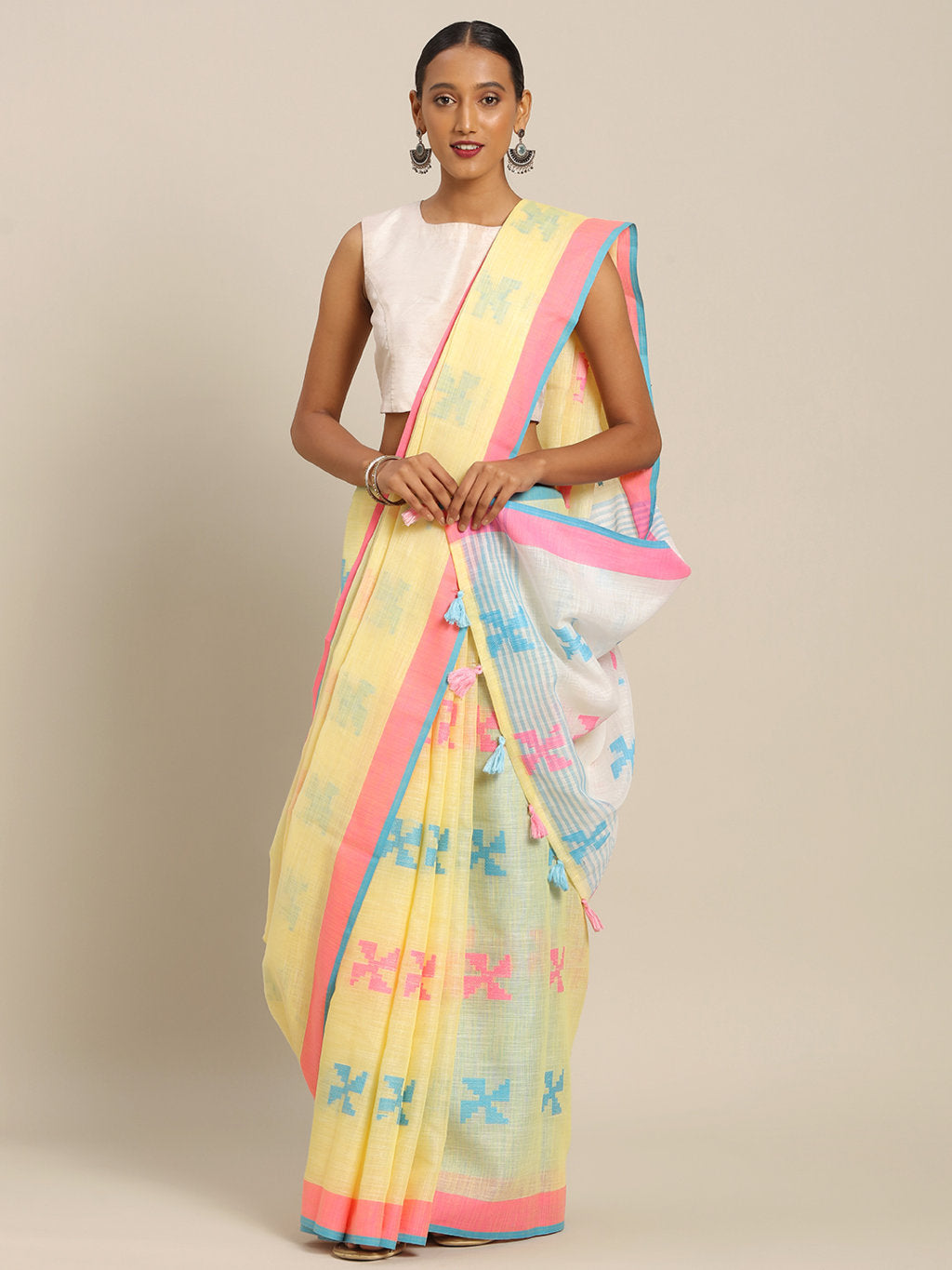 Women's Light Yellow Linen Cotton Thread Work Traditional Saree - Sangam Prints