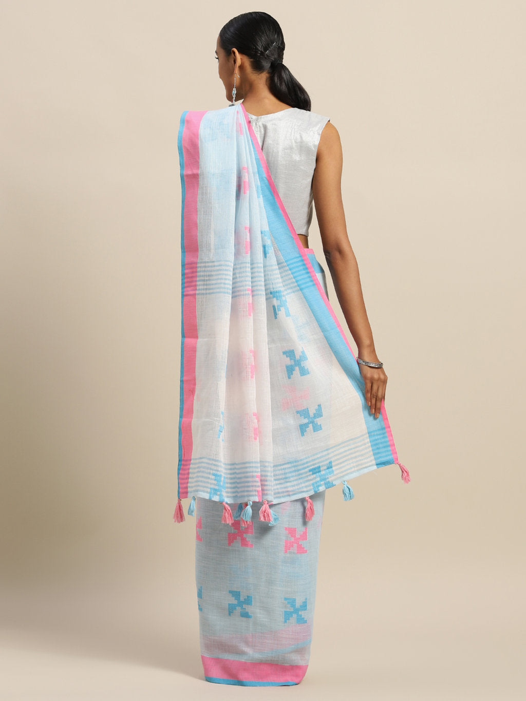 Women's Sky Blue Linen Cotton Thread Work Traditional Saree - Sangam Prints