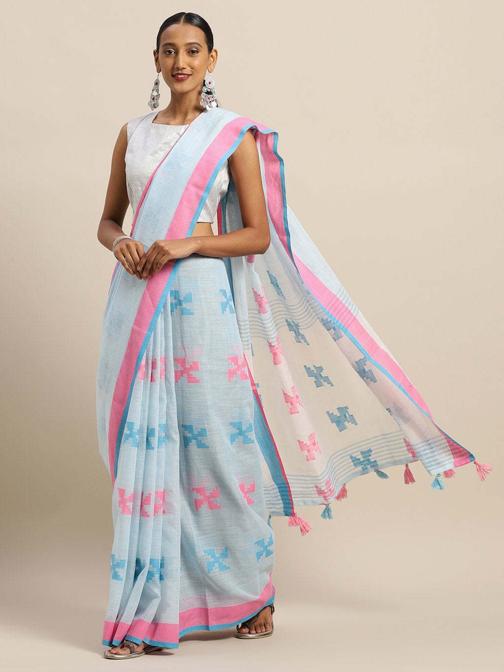 Women's Sky Blue Linen Cotton Thread Work Traditional Saree - Sangam Prints