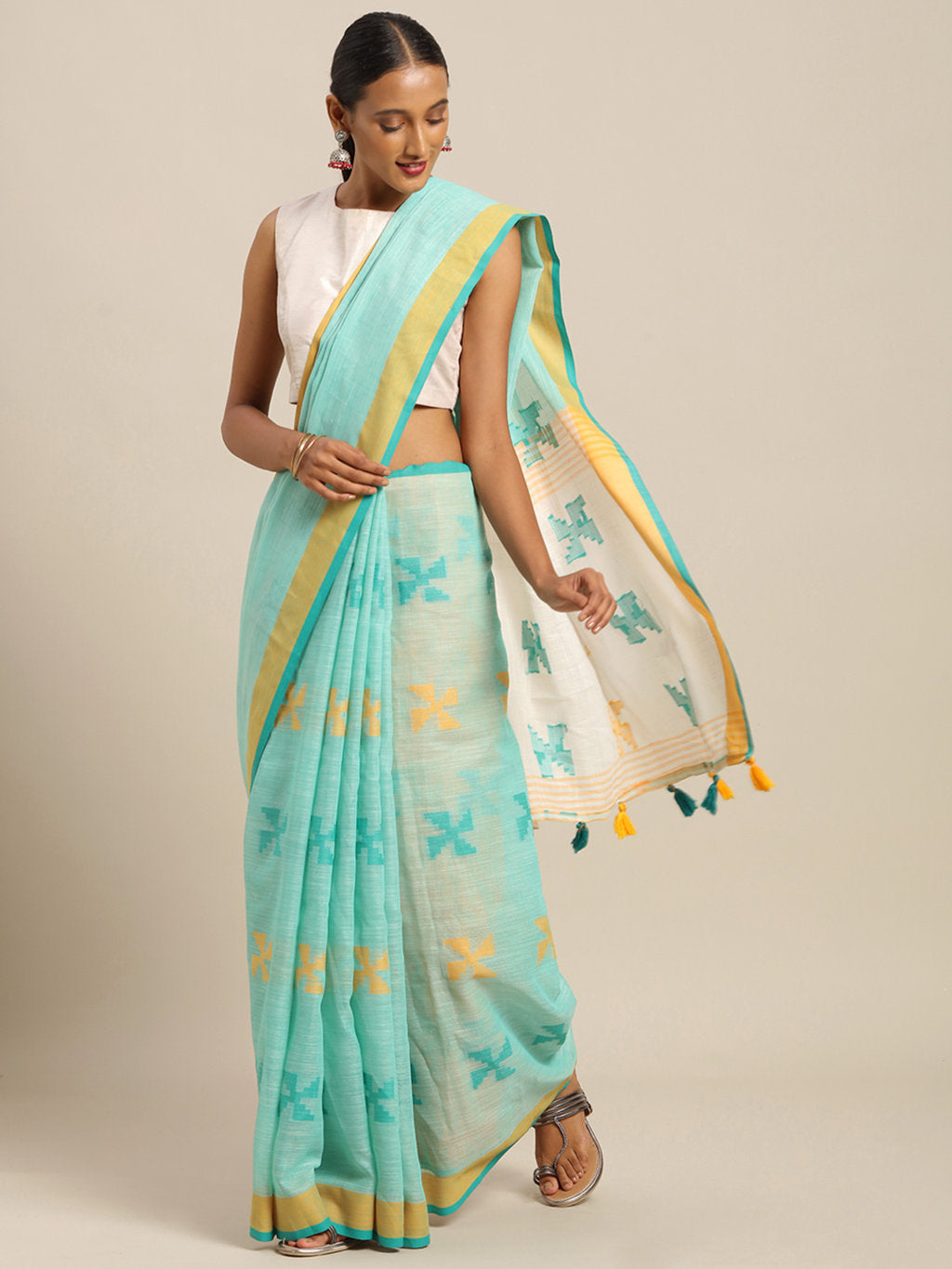 Women's Green Linen Cotton Thread Work Traditional Saree - Sangam Prints
