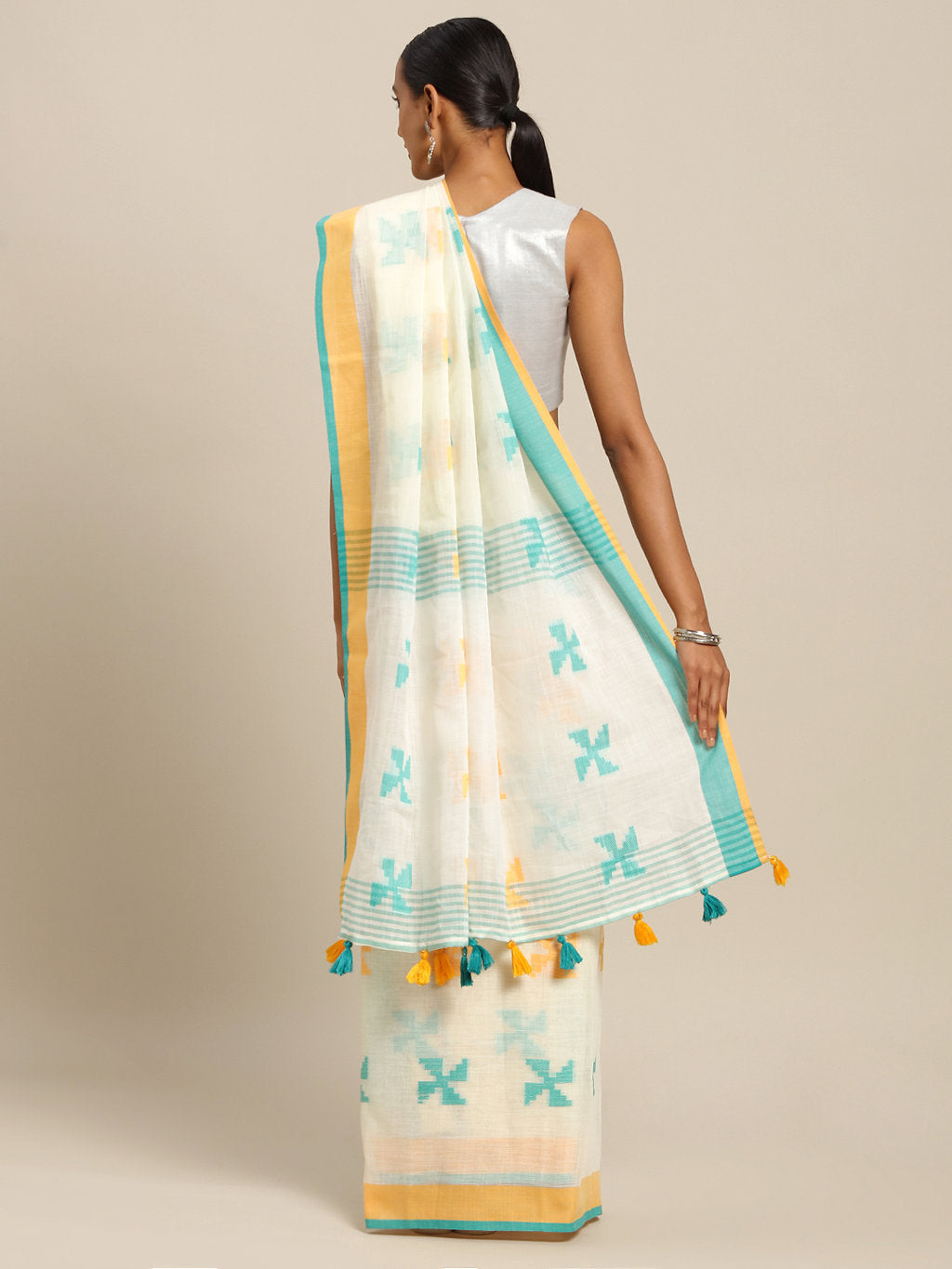 Women's Off White Linen Cotton Thread Work Traditional Saree - Sangam Prints