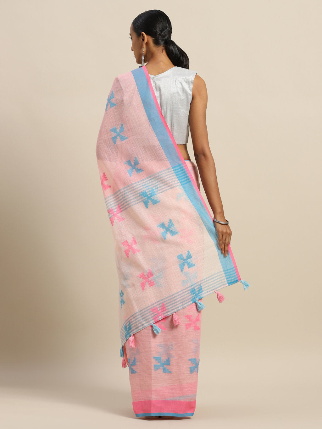 Women's Pink Linen Cotton Thread Work Traditional Saree - Sangam Prints