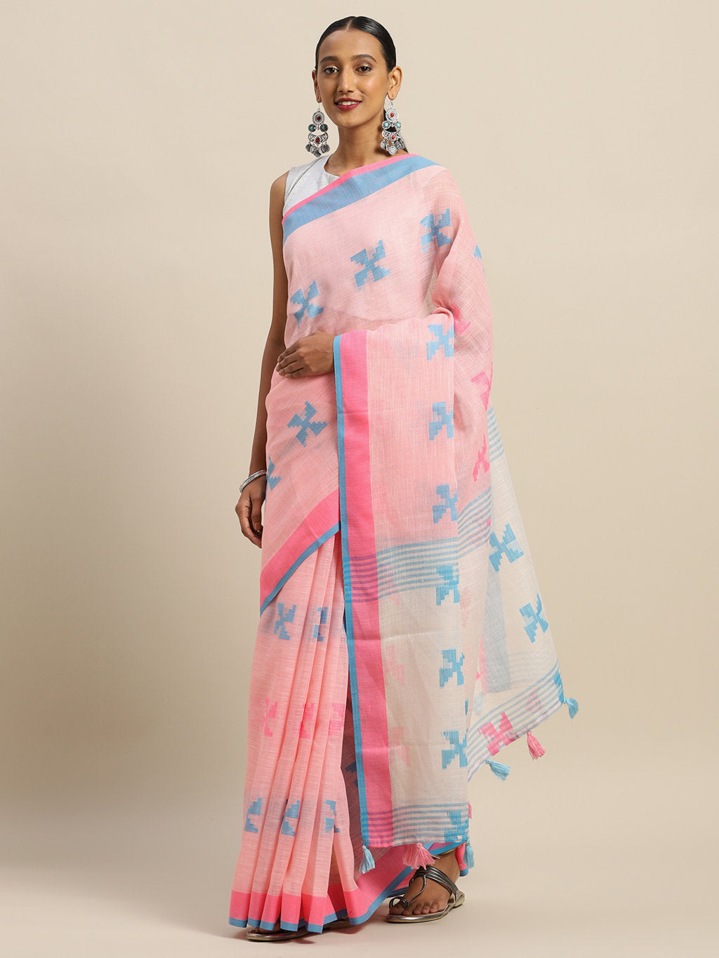 Women's Pink Linen Cotton Thread Work Traditional Saree - Sangam Prints