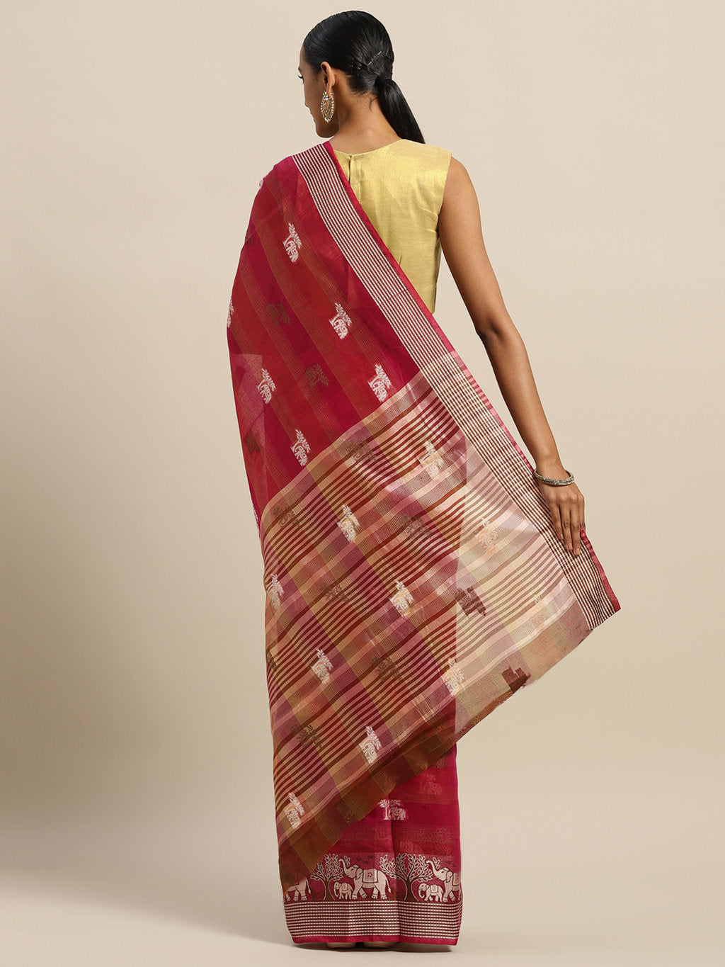 Women's Magenta Cotton Handloom Zari Work Traditional Saree - Sangam Prints